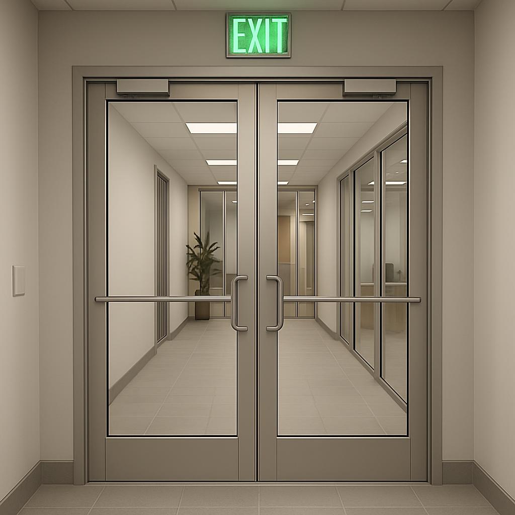 A modern office hallway with a glass double door at the end, featuring sliding doors on the right and single doors on the ...