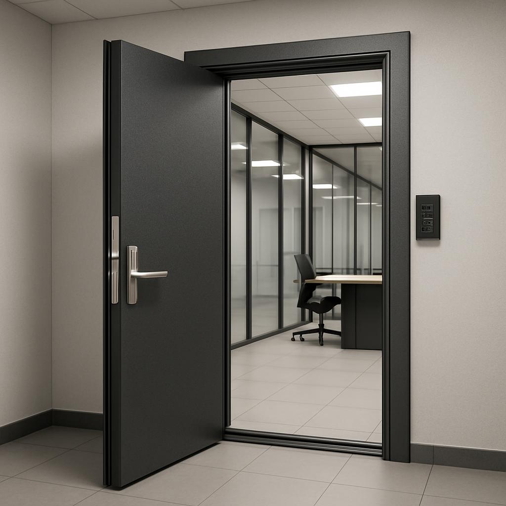 Here is the alt text for the image: "Office Entrance with Open Gray Door, View to Meeting Room and Desk." "office entrance...