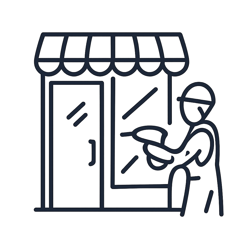A simple line drawing of a store front with a roll-up shutter door and awnings. A stick figure is hastily painted into the...